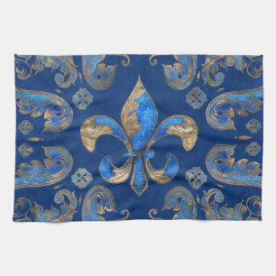 Fleur-de-lis Luxus-Ornament - blauer Marmor Geschirrtuch