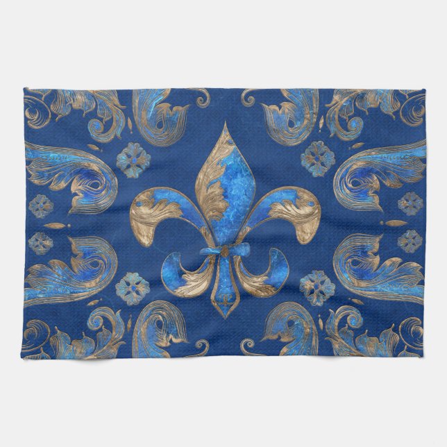 Fleur-de-lis Luxus-Ornament - blauer Marmor Geschirrtuch (Horizontal)