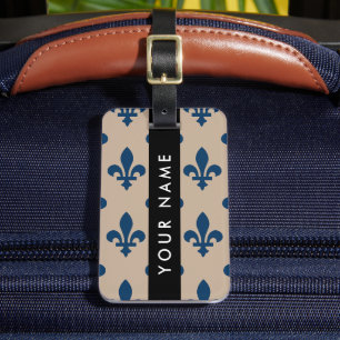 Fleur de Lis, Marineblau auf Beige, Royal, Ihr Nam Gepäckanhänger