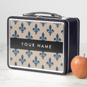 Fleur de Lis, Marineblau auf Beige, Royal, Ihr Nam Metall Brotdose