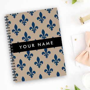 Fleur de Lis, Marineblau auf Beige, Royal, Ihr Nam Notizbuch