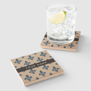 Fleur de Lis, Marineblau auf Beige, Royal, Ihr Nam Steinuntersetzer