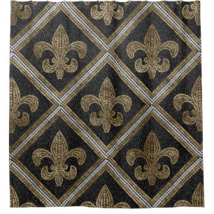 Fleur-de-lis-Mosaikfliesen Muster schwarz und gold Duschvorhang