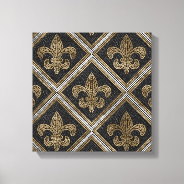 Fleur-de-lis-Mosaikfliesen Muster schwarz und gold Leinwanddruck (Vorderseite)