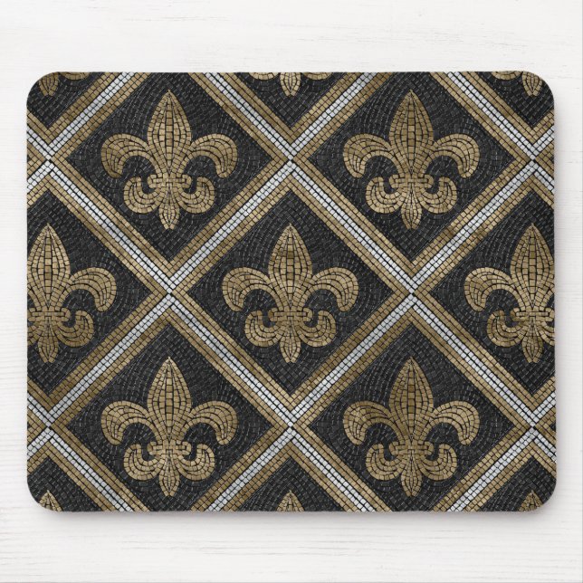 Fleur-de-lis-Mosaikfliesen Muster schwarz und gold Mousepad (Vorne)
