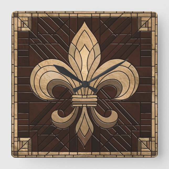 Fleur-de-lis - Mosaikkunst aus Glas Quadratische Wanduhr (Vorderseite)