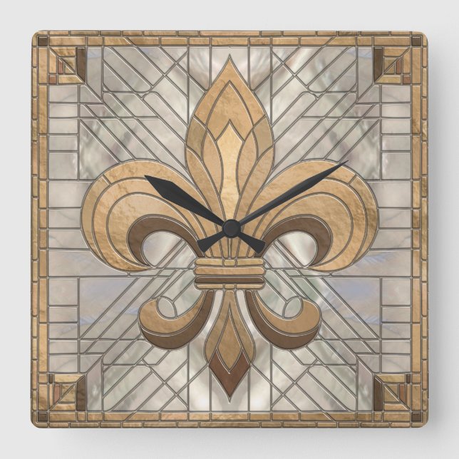 Fleur-de-lis - Mosaikkunst aus Glas Quadratische Wanduhr (Vorderseite)