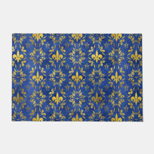 Fleur-de-lis-Muster blauer Marmor und Gold Fußmatte