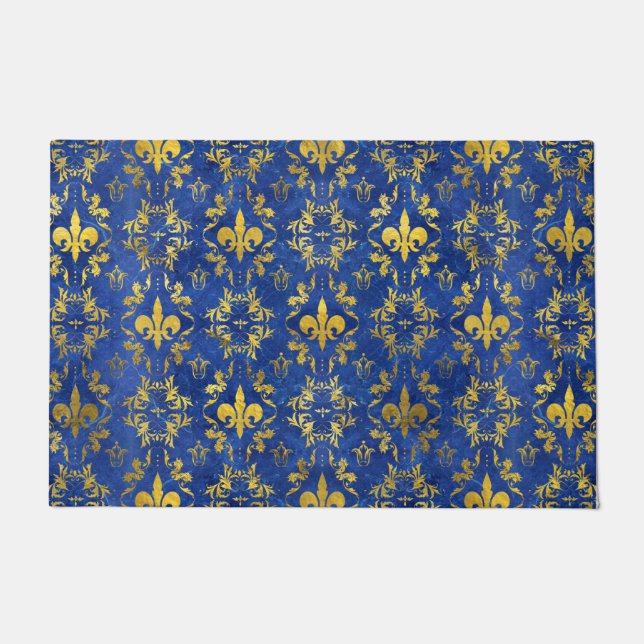 Fleur-de-lis-Muster blauer Marmor und Gold Fußmatte (Vorderseite)