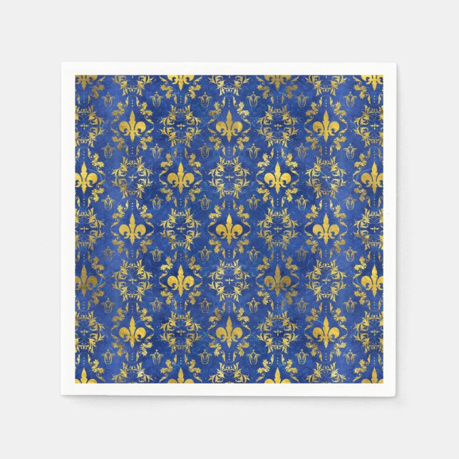 Fleur-de-lis-Muster blauer Marmor und Gold Serviette (Vorderseite)