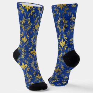 Fleur-de-lis-Muster blauer Marmor und Gold Socken