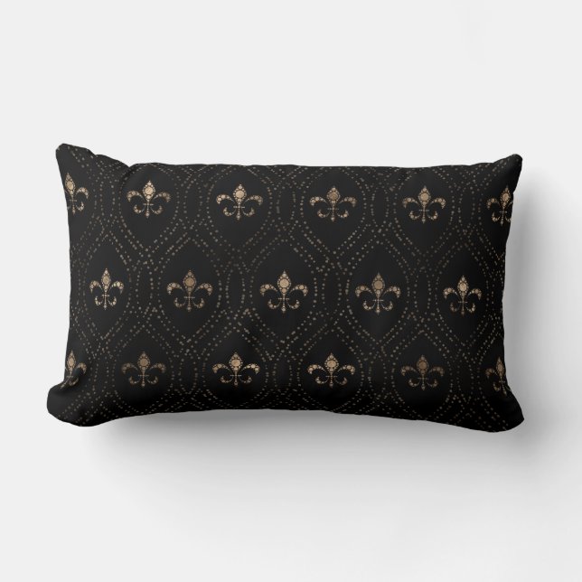 Fleur-de-lis-Muster Dot Art Schwarz und Gold Lendenkissen (Vorderseite)