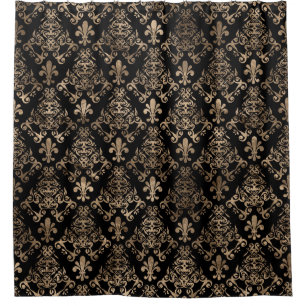 Fleur-de-lis-Muster Gold auf schwarz Duschvorhang