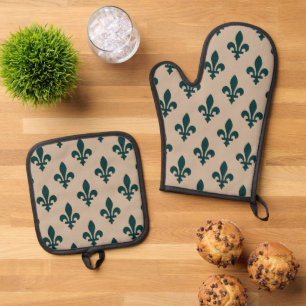 Fleur-de-Lis-Muster, königliches französisches Grü Ofenhandschuh & Topflappen-Set
