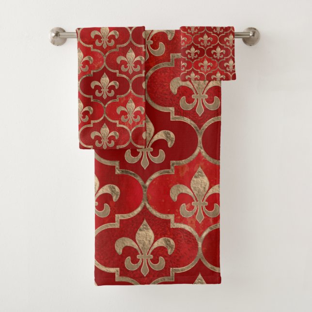 Fleur-de-lis-Muster luxuriös rot Badhandtuch Set (Insitu)