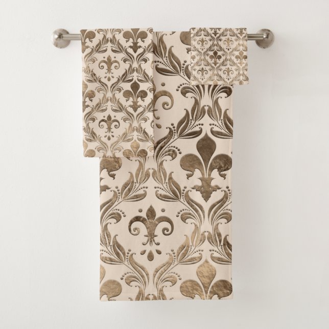 Fleur-de-lis-Muster Pastellgold Badhandtuch Set (Insitu)