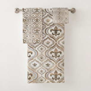 Fleur-de-lis-Muster Perl und Gold Badhandtuch Set