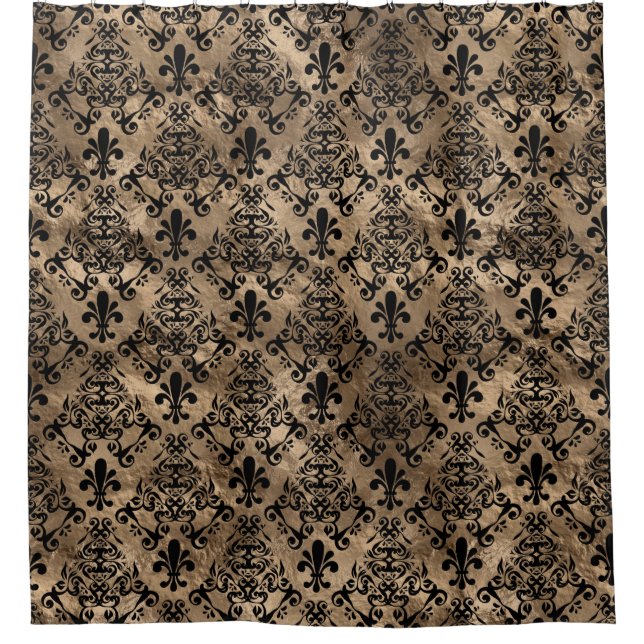 Fleur-de-lis-Muster schwarz auf Gold Duschvorhang (Vorderseite)