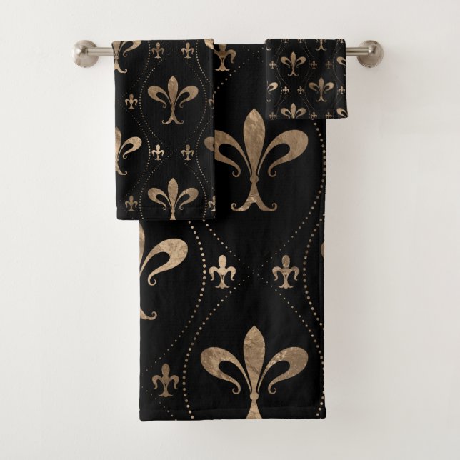 Fleur-de-lis-Muster schwarz und gold Badhandtuch Set (Insitu)