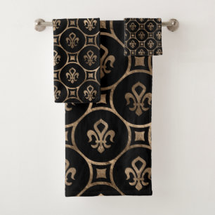 Fleur-de-lis-Muster - Schwarz und Gold Badhandtuch Set
