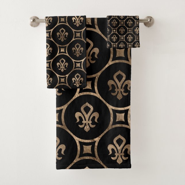 Fleur-de-lis-Muster - Schwarz und Gold Badhandtuch Set (Insitu)