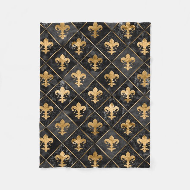 Fleur-de-lis-Muster Schwarzer Marmor und Gold Fleecedecke (Vorderseite)