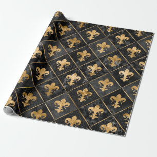 Fleur-de-lis-Muster Schwarzer Marmor und Gold Geschenkpapier
