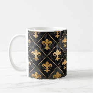 Fleur-de-lis-Muster Schwarzer Marmor und Gold Kaffeetasse