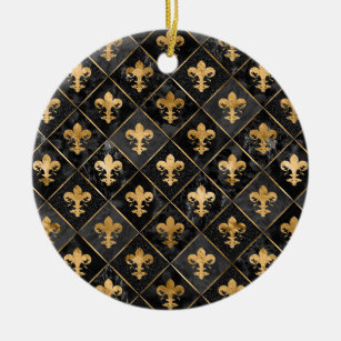 Fleur-de-lis-Muster Schwarzer Marmor und Gold Keramik Ornament