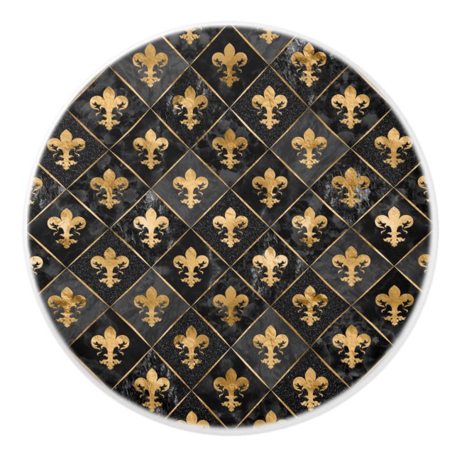 Fleur-de-lis-Muster Schwarzer Marmor und Gold Keramikknauf (Vorderseite)