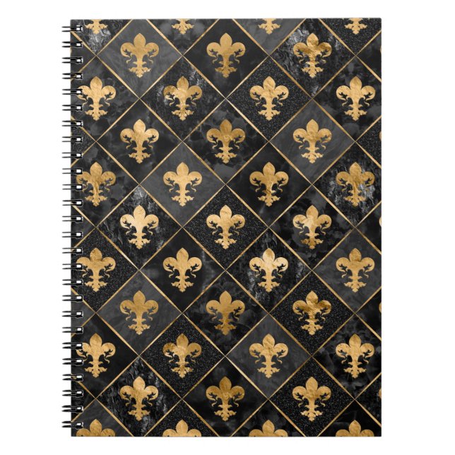 Fleur-de-lis-Muster Schwarzer Marmor und Gold Notizblock (Vorderseite)