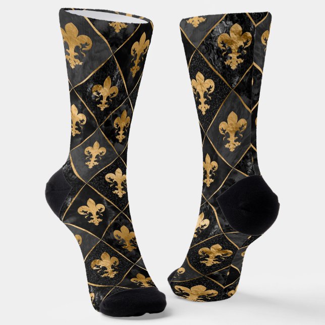 Fleur-de-lis-Muster Schwarzer Marmor und Gold Socken (Gewinkelt)