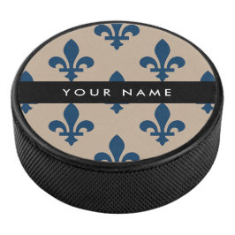 Fleur de Lis, Navy Blue on Beige, Royal, Your Name Eishockey Puck