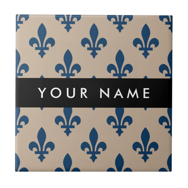 Fleur de Lis, Navy Blue on Beige, Royal, Your Name Fliese (Vorderseite)