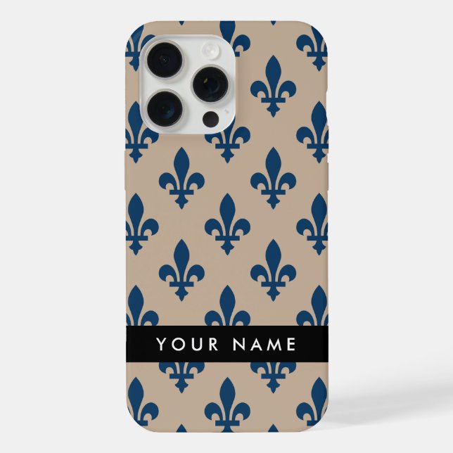 Fleur de Lis, Navy Blue on Beige, Royal, Your Name iPhone Hülle (Rückseite)