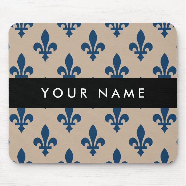 Fleur de Lis, Navy Blue on Beige, Royal, Your Name Mousepad (Vorne)