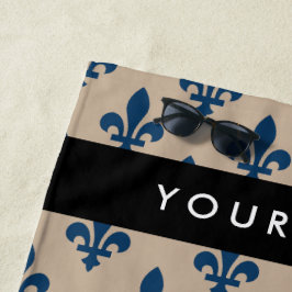 Fleur de Lis, Navy Blue on Beige, Royal, Your Name Strandtuch