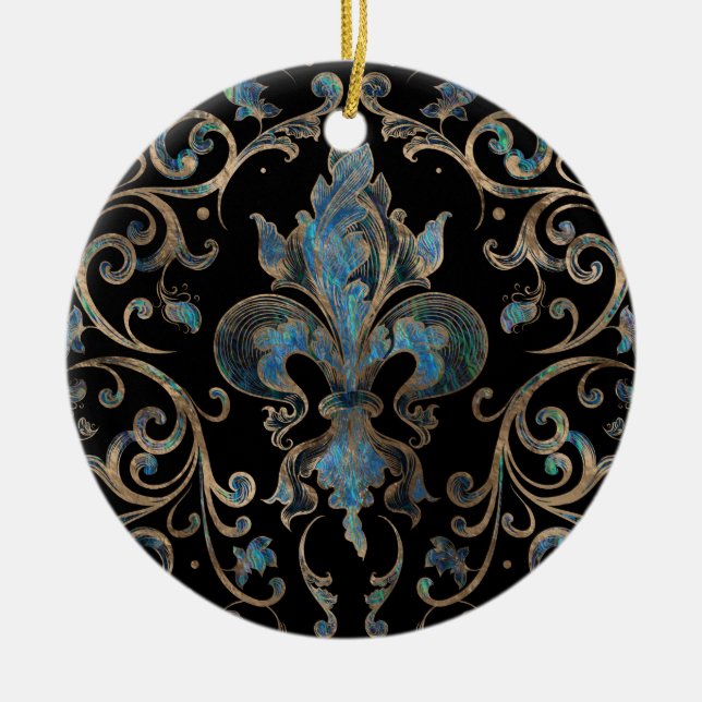 Fleur-de-lis-Ornament Abalone Muschel und Gold Keramik Ornament (Vorne)