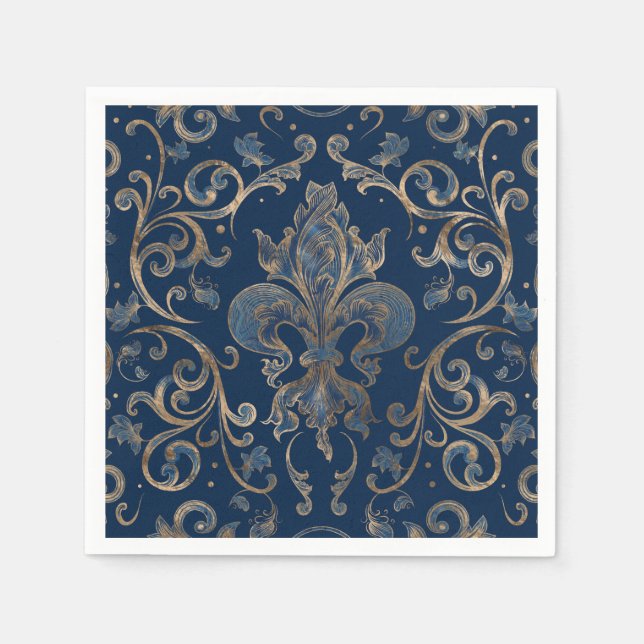 Fleur-de-lis-Ornament Blauer Marmor und Gold Serviette (Vorderseite)
