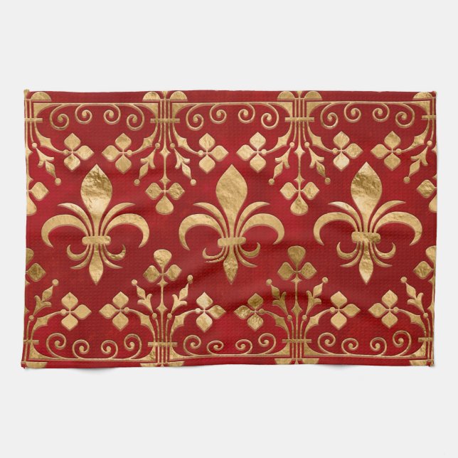 Fleur-de-lis-Ornament Luxury Red Geschirrtuch (Horizontal)