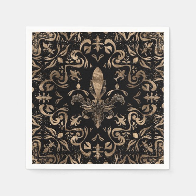 Fleur-de-lis-Ornament Schwarz und Gold Serviette (Vorderseite)