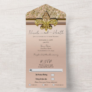 Fleur-de-lis-Rosa Gold Glitter Glam Hochzeit All In One Einladung