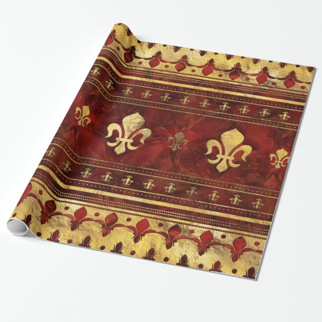 Fleur-de-lis Roter Marmor und Gold Geschenkpapier (Ungerollt)