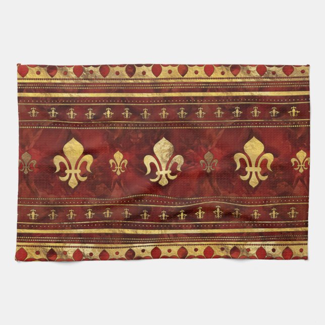 Fleur-de-lis Roter Marmor und Gold Geschirrtuch (Horizontal)