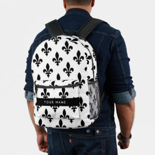 Fleur de Lis, Schwarz auf Weiß, Schwarz, Ihr Name Bedruckter Rucksack