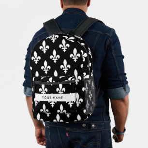 Fleur de Lis, Schwarz auf Weiß, Schwarz, Ihr Name Bedruckter Rucksack
