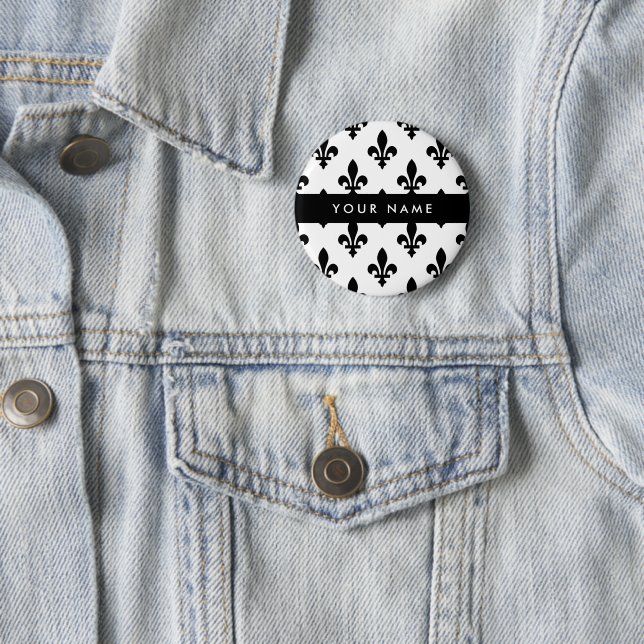 Fleur de Lis, Schwarz auf Weiß, Schwarz, Ihr Name Button (Beispiel)