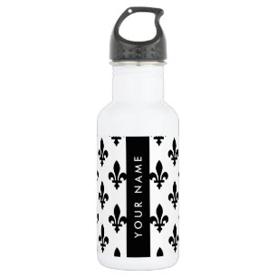Fleur de Lis, Schwarz auf Weiß, Schwarz, Ihr Name Edelstahlflasche