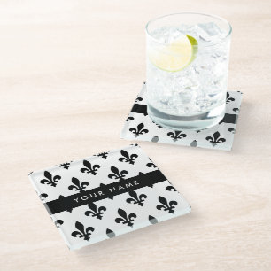 Fleur de Lis, Schwarz auf Weiß, Schwarz, Ihr Name Glasuntersetzer