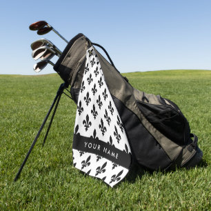 Fleur de Lis, Schwarz auf Weiß, Schwarz, Ihr Name Golfhandtuch